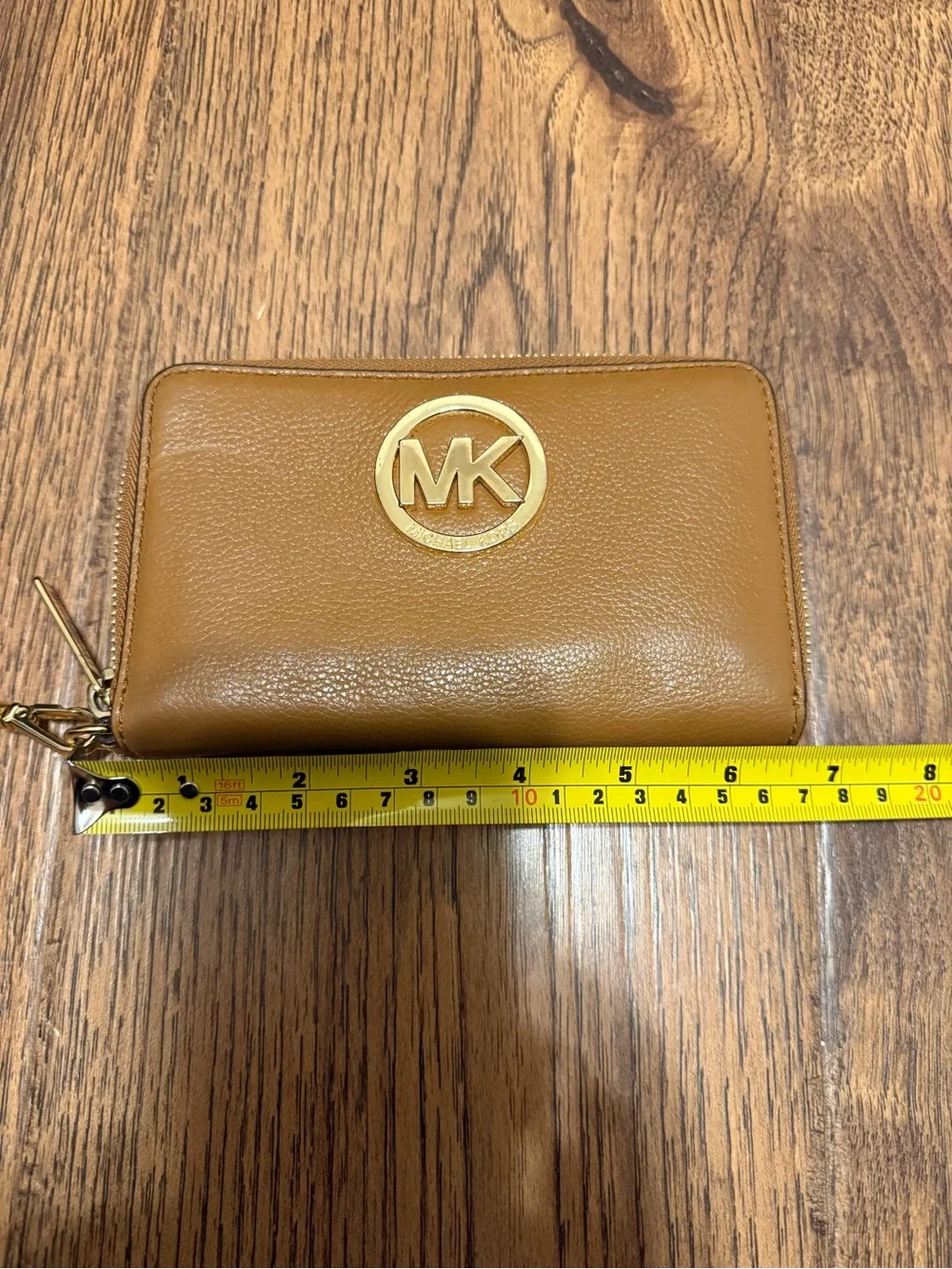 Michael Kors Tan Brown Leather MK Logo Zip Wristlet